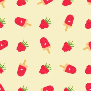 Bright pattern with raspberry and funny smiling ice-cream Stock Illustration