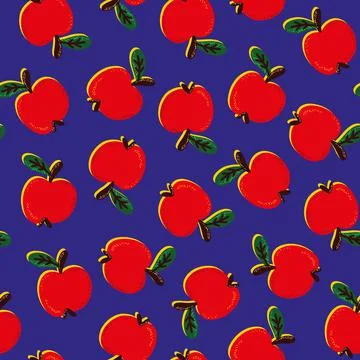 Bright pattern with red apples on a blue background Stock Illustration
