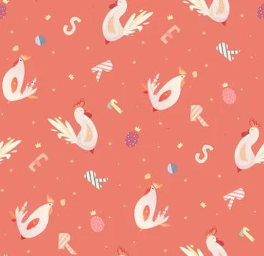 Bright pattern with roosters and letters. Stock Illustration