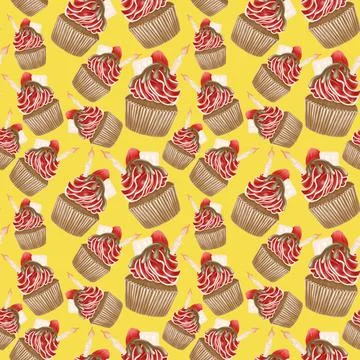 Bright pattern on a yellow background of chocolate cupcakes with red cream, s Stock Illustration