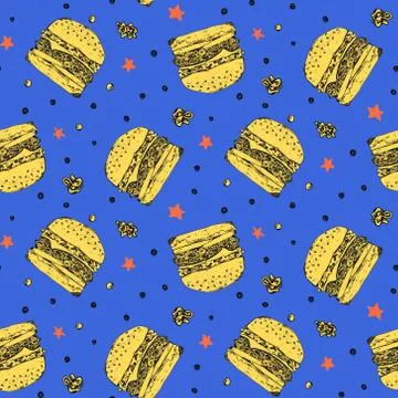 Bright pattern with yellow burgers on blue Stock Illustration