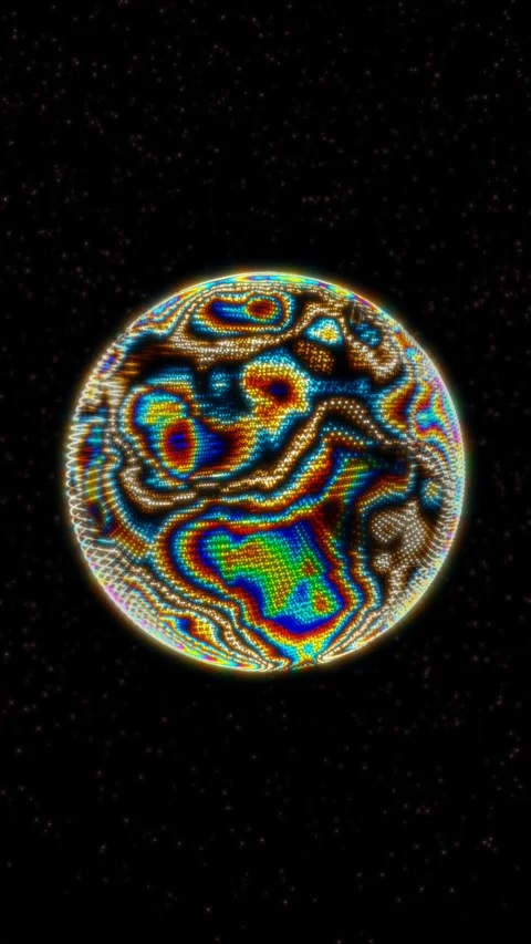 A bright, patterned planet orbits in a starry night sky Stock Footage 320113861