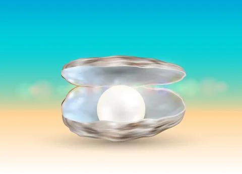Bright pearl in a opened sea shell with blur beach background Stock Illustration