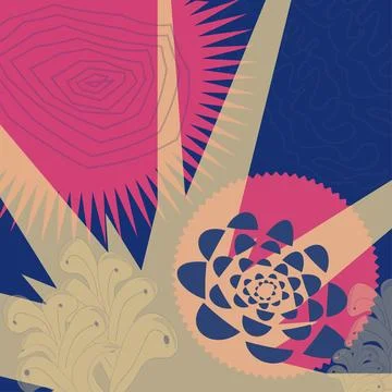 Bright pink and beige elements on a blue background. イラスト素材