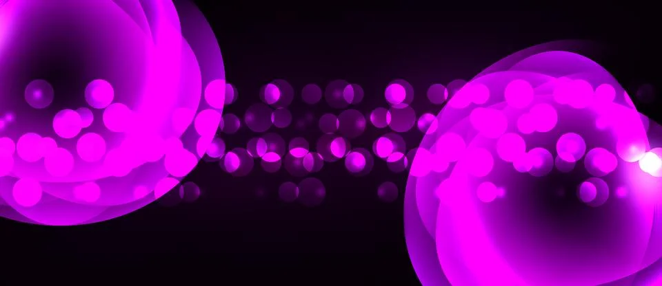 Bright pink bubbles, dots float against dark background. Abstract design evok Stock Illustration