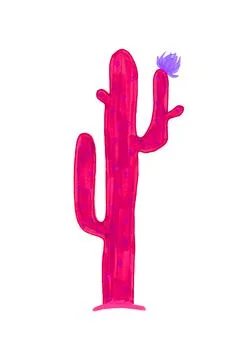 A bright pink cactus branches and a blue-purple flower on a white background Stock Illustration