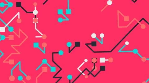 Bright pink canvas with various interconnected lines, circles, and squares in Stock Illustration