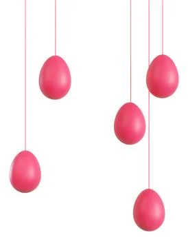 Bright pink Easter eggs are suspended from strings against a clear backgrou.. Stock Photos
