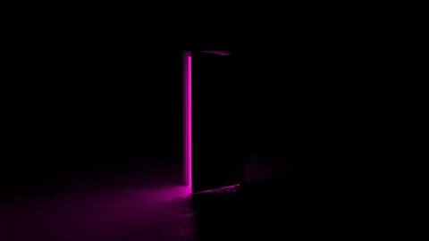 Bright pink light shining from slightly open door in dark room Stock Illustration