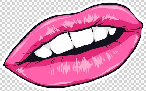 Bright pink lips and white teeth are showing in pop art sticker style on Stock Illustration