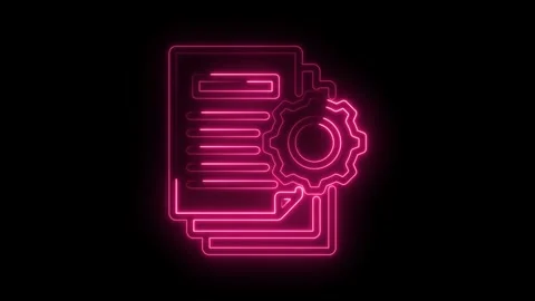 Bright pink neon line icon of documents and gears on black background Stock Footage 346006818