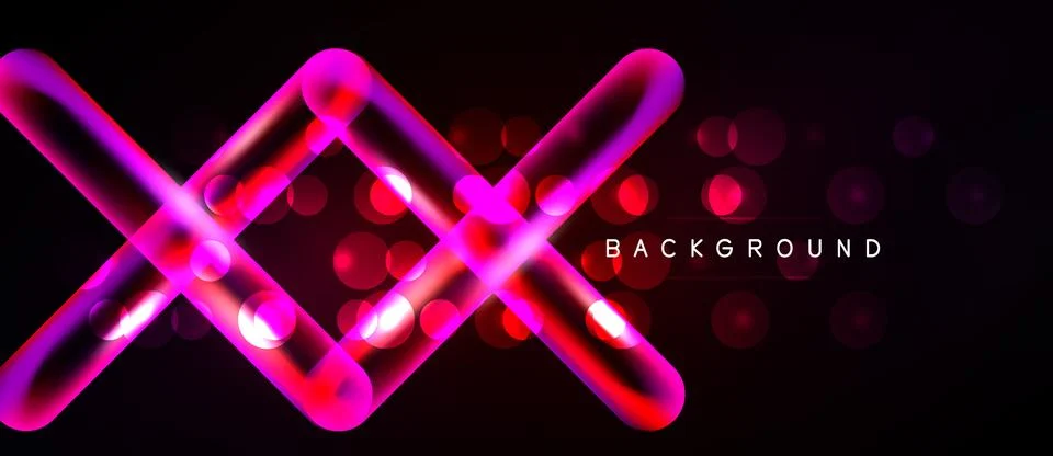 Bright pink neon lines intersect over black background. Circles add depth, Stock Illustration