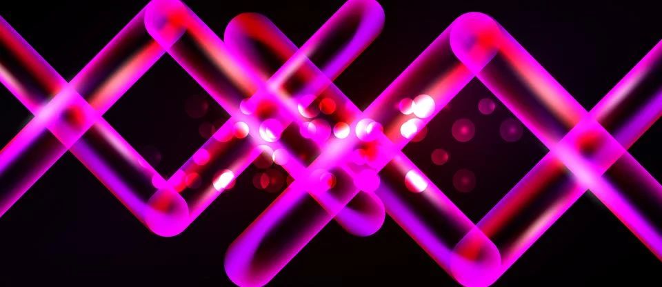 Bright pink neon lines intersect over black background. Circles add depth, Ilustração Stock