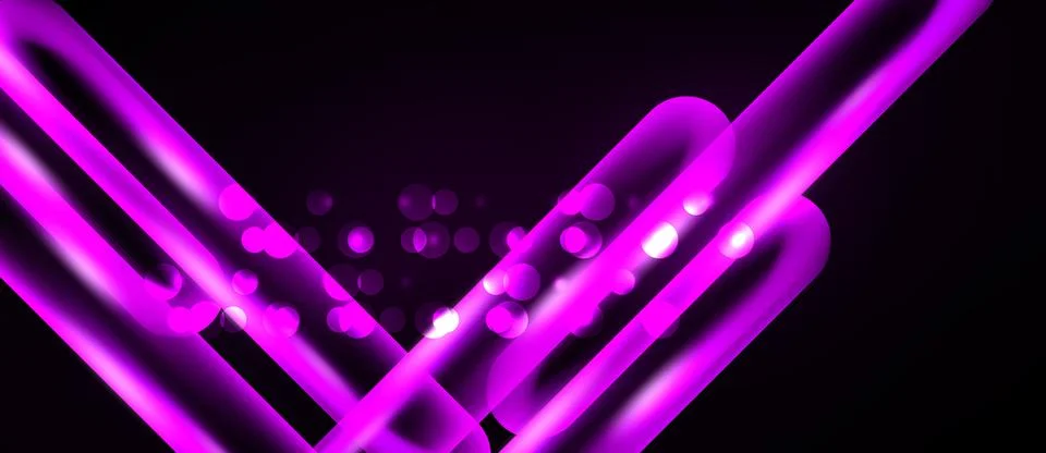 Bright pink neon lines intersect over black background. Bubbles add dynamic Ilustração Stock