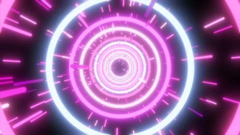 Bright pink neon sci-fi tunnel with glowing rings and fast light streaks, h.. Stock Illustration