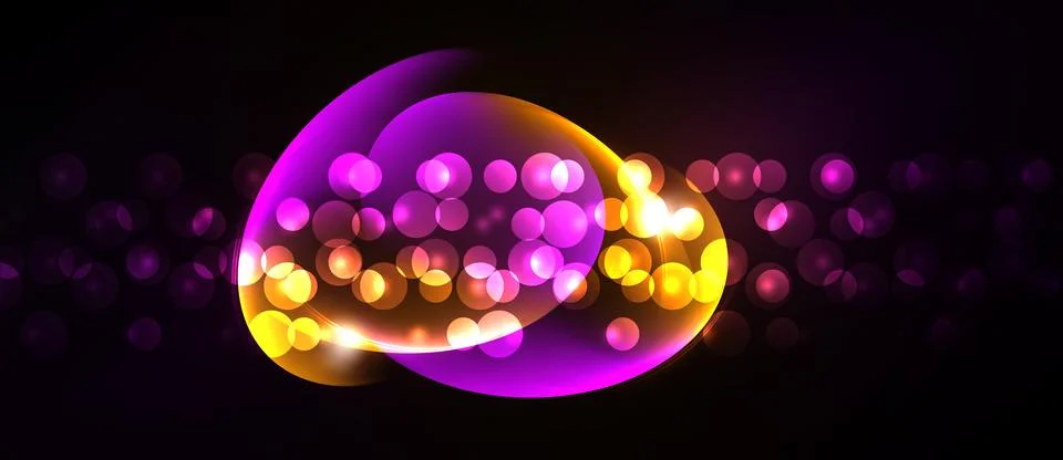Bright pink, orange bubbles float against dark background. Light trails sugge Illustrazione stock