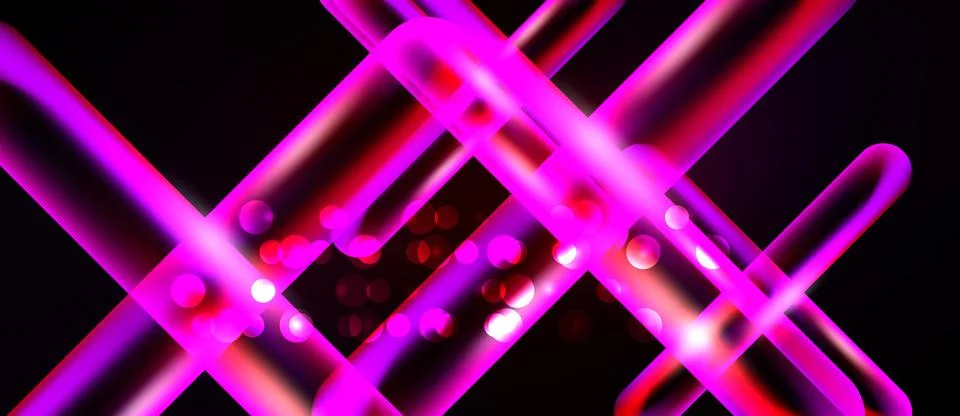 Bright pink, red lines intersect over black background. Bokeh effects add v.. Ilustração Stock