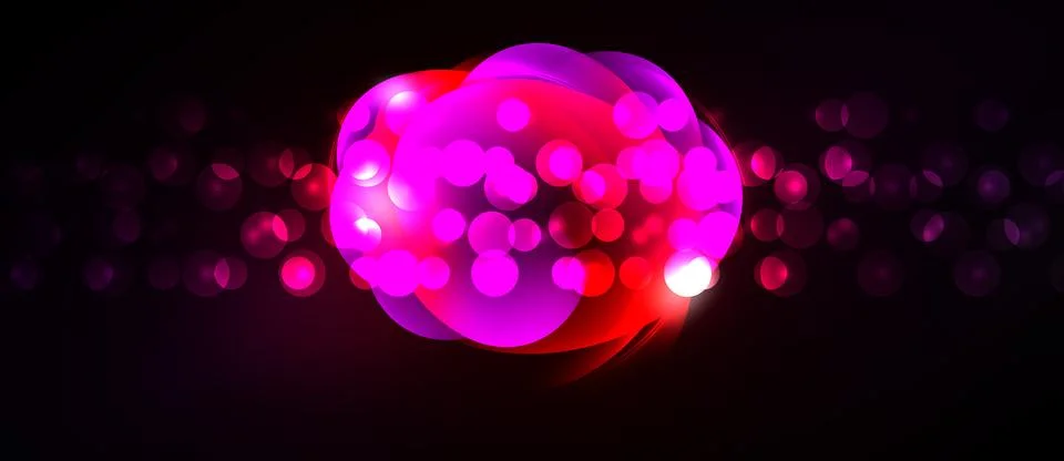 Bright pink, red orb dominates dark background. Numerous small circles create 스톡 일러스트