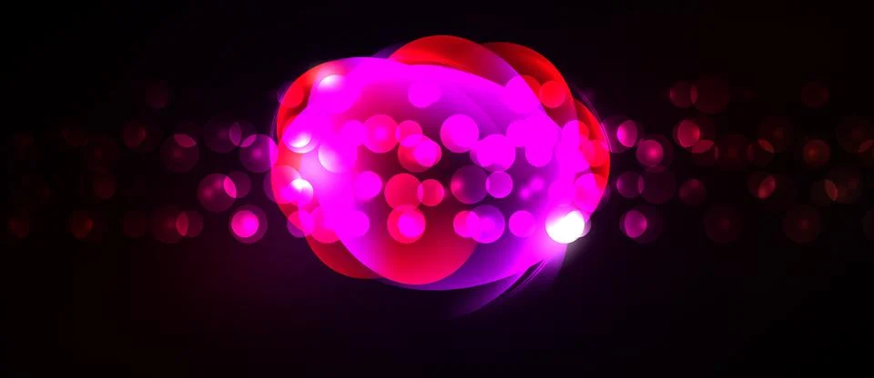 Bright pink, red orb glows against dark background. Numerous small lights 스톡 일러스트