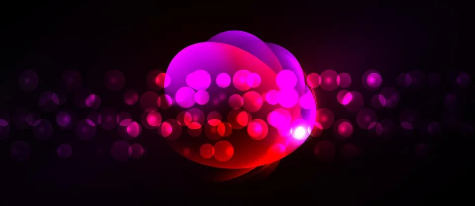 Bright pink, red sphere dominates dark background. Numerous smaller bubbles Stock Illustration