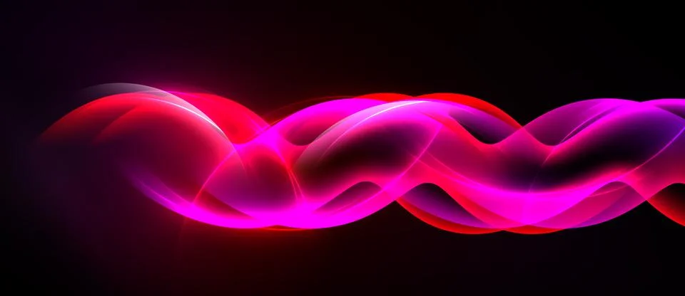 Bright pink, red waves flow across black background. Dynamic, smooth shapes Stock Illustration