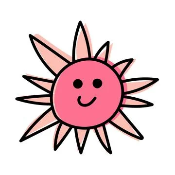 Bright pink smiling sun icon with outlined rays Ilustração Stock