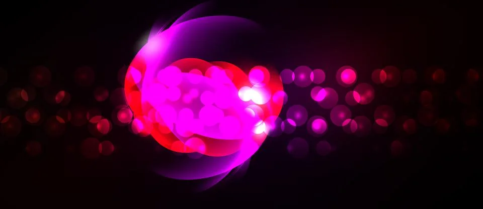 Bright pink sphere dominates dark background. Numerous blurred circles create Stock Illustration