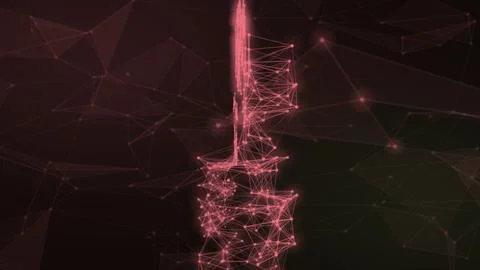 A bright pink vertical column of connected nodes and fine geometric lines s.. Illustrazione stock