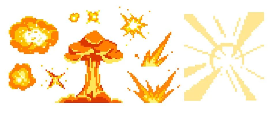 Bright pixel explosions with clouds, fire bursts Stock Illustration