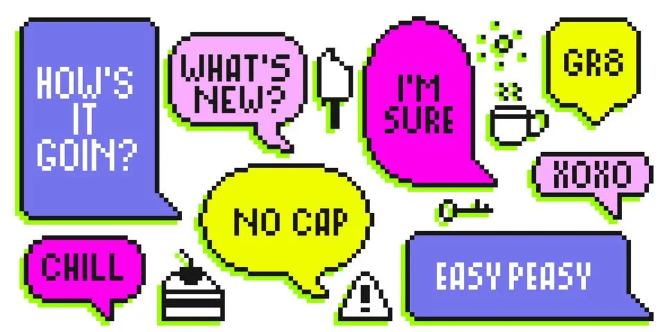 Bright pixel speech bubbles in neon colors Stock Illustration
