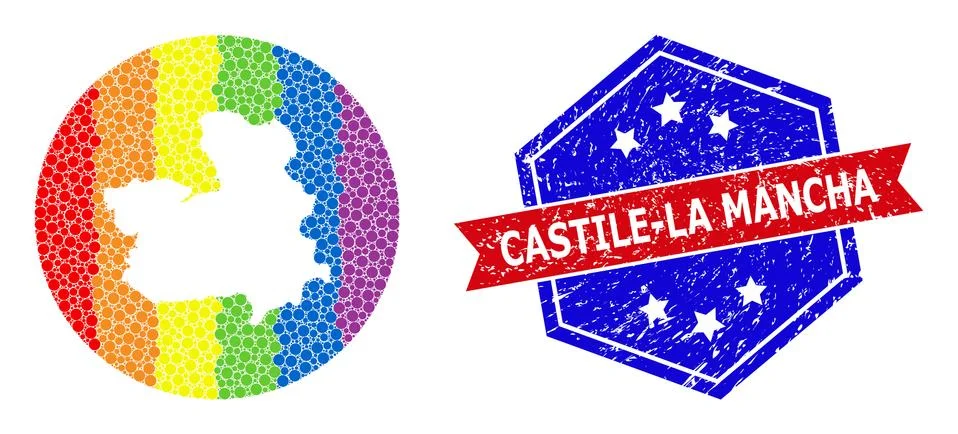 Bright Pixelated Map of Castile-La Mancha Province Mosaic with Hole for LGBTQ Ilustración de archivo