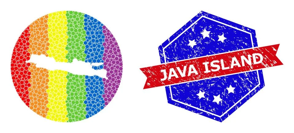 Bright Pixelated Map of Java Island Mosaic with Stencil for LGBT and Grunge Ilustração Stock