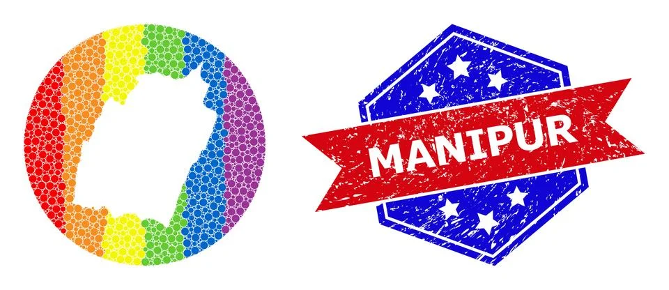 Bright Pixelated Map of Manipur State Collage with Hole for LGBTQ and Grunge Ilustración de archivo