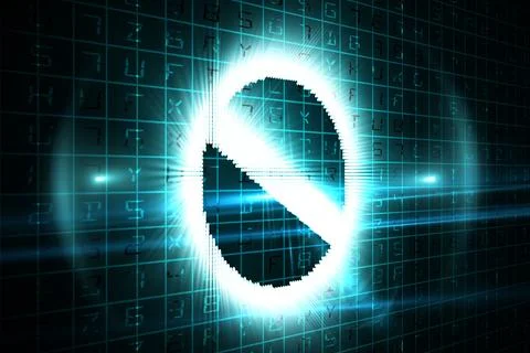 Bright pixelated no-entry symbol is glowing in digital interface over teal grid Stock Illustration