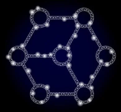 Bright Polygonal Mesh Blockchain Nodes with Light Spots Stock Illustration