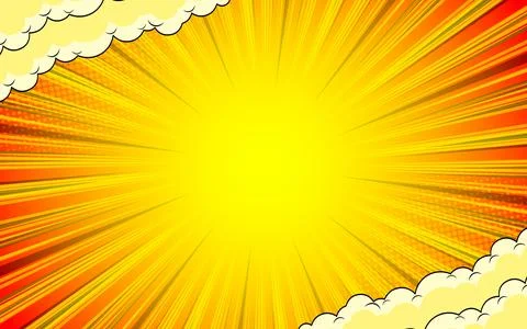 Bright pop art comic background with halftone colors and cute clouds. Stock Illustration