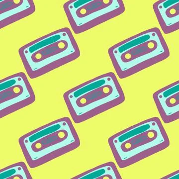 Bright pop seamless cassette pattern. Disco print with purple and blue colore Stock Illustration