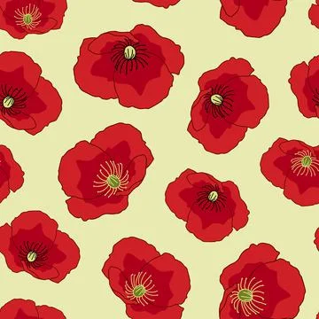 Bright poppies seamless pattern on light yellow background Stock Illustration
