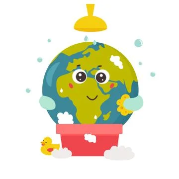 Bright poster with Cartoon Planet taking shower. Illustrazione stock