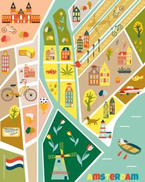 Bright poster with different elements and landmarks of Amsterdam. Illustrazione stock