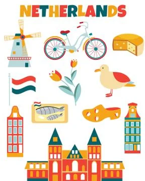 Bright poster with different elements and landmarks of Netherlands. Illustrazione stock
