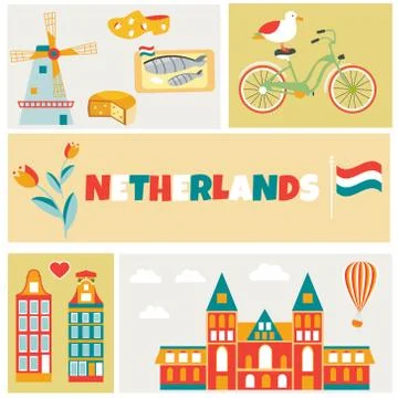Bright poster with different elements and landmarks of Netherlands. Stock Illustration