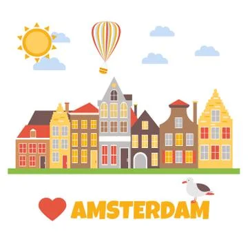 Bright poster with different elements and landmarks of Netherlands. 스톡 일러스트