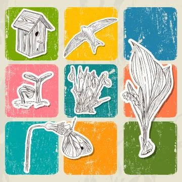 Bright poster with spring elements. Stock Illustration