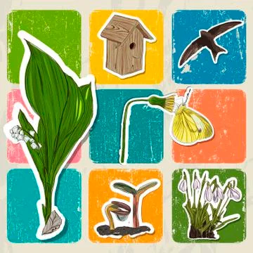 Bright poster with spring elements. Stock Illustration