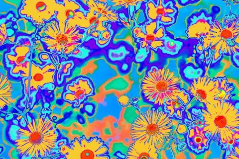 Bright psychedelic colored orange summer flowers pattern background Stock Illustration