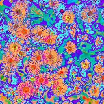 Bright psychedelic colored orange summer flowers pattern background 스톡 일러스트