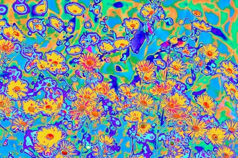 Bright psychedelic colored orange summer flowers pattern background Stock Illustration