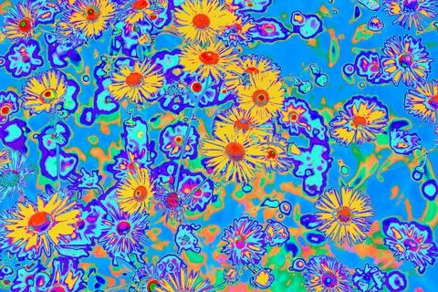 Bright psychedelic colored orange summer flowers pattern background Stock Illustration