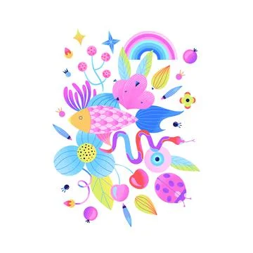 Bright psychedelic composition of fish, snake, flowers, ladybug, berries, rai Stock Illustration